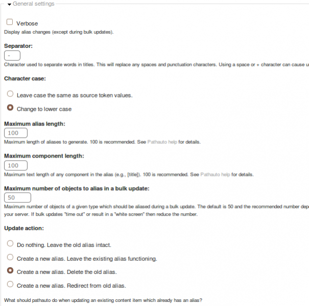 Pathauto General settings